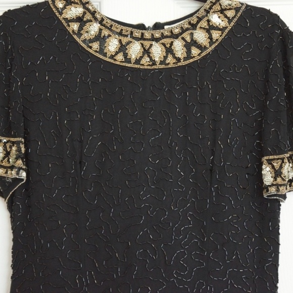 Vintage AJ Bari Sequin Shift Dress Black Gold SZ 6 - Picture 2 of 8